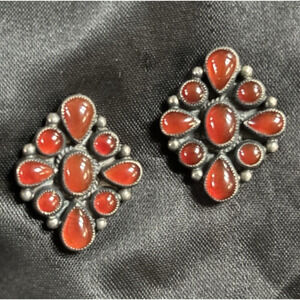 Vintage Don Lucas Starling Silver & Carnelian Cluster Stud Earrings Signed 1"